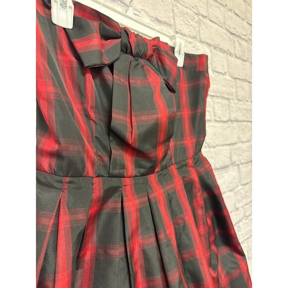 Retro Doll Red Black Plaid Strapless Bow Mini Formal Gothic Party Dress XXL NWOT - Picture 2 of 4